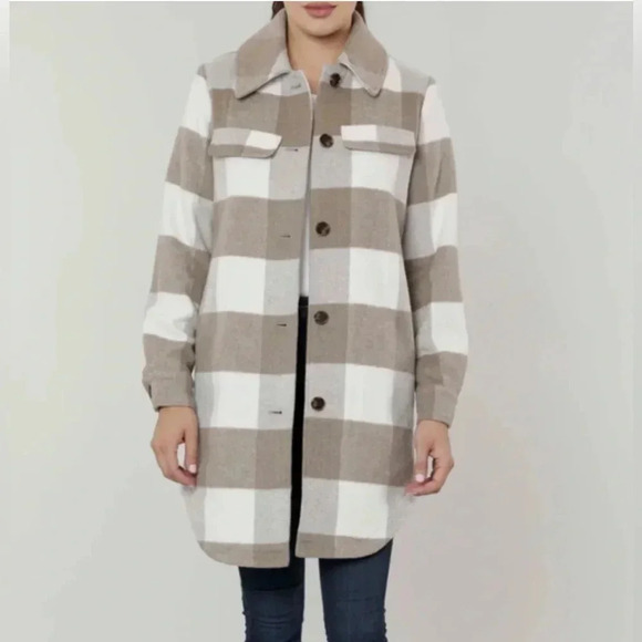 Dolce Cabo Long Line Tan and White Plaid Button Front Shacket Size Medium - Picture 1 of 13